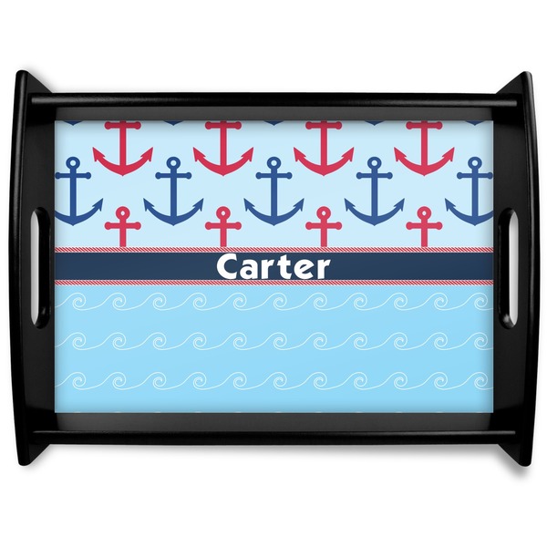 Custom Anchors & Waves Black Wooden Tray - Large (Personalized)