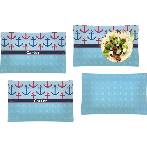 Custom Anchors & Waves Set of 4 Glass Rectangular Lunch / Dinner Plate (Personalized)