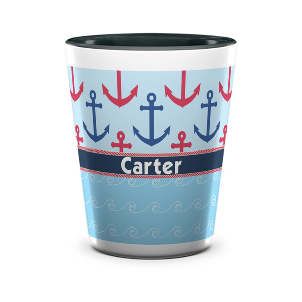 Custom Anchors & Waves Ceramic Shot Glass - 1.5 oz - Two Tone - Single (Personalized)