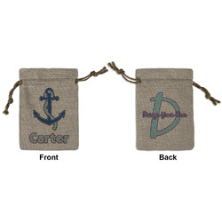Anchors & Waves Small Burlap Gift Bag - Front & Back (Personalized)