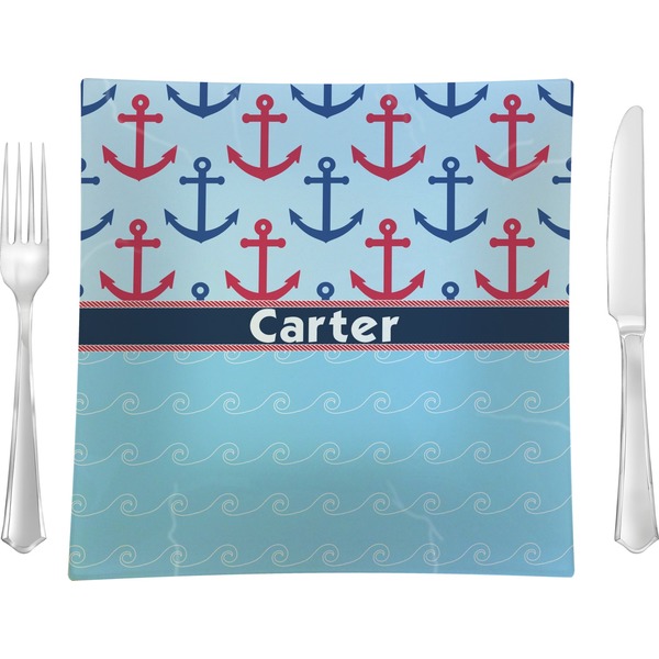 Custom Anchors & Waves Glass Square Lunch / Dinner Plate 9.5" (Personalized)