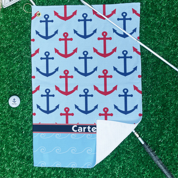 Anchors & Waves Waffle Weave Golf Towel - In Context