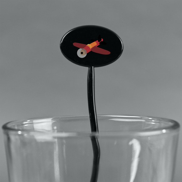 Airplane Black Plastic 7" Stir Stick - Oval - Main