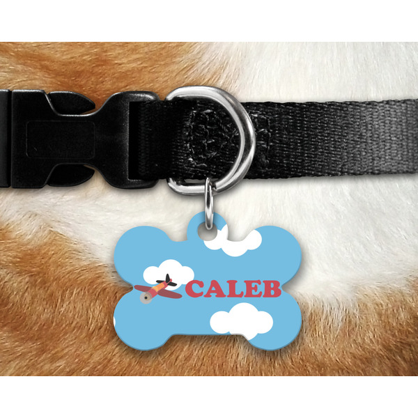 Airplane Bone Shaped Dog Tag on Collar & Dog