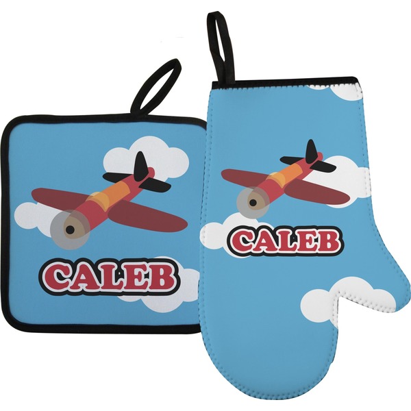 Custom Airplane Right Oven Mitt & Pot Holder Set w/ Name or Text