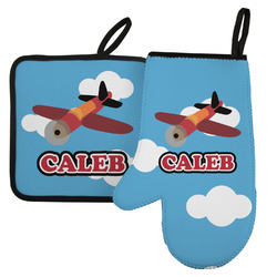 Airplane Left Oven Mitt & Pot Holder Set w/ Name or Text