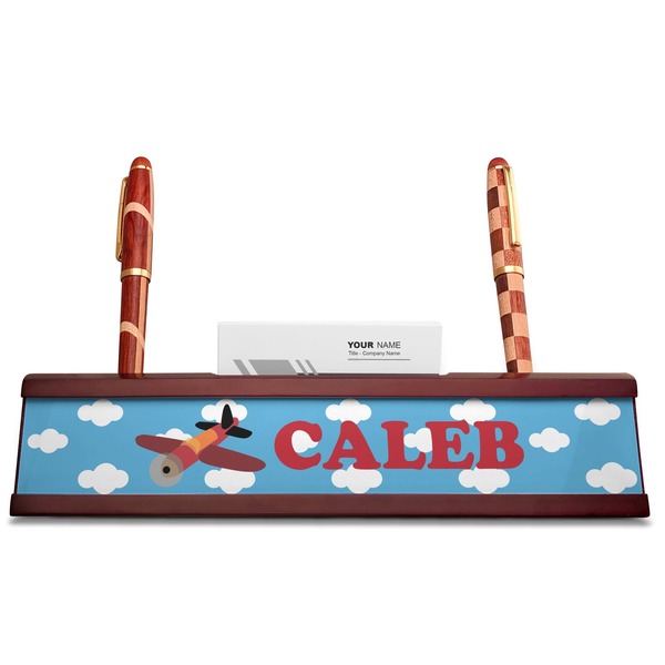 Airplane Red Mahogany Nameplates with Business Card Holder - Straight