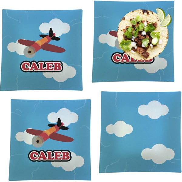 Custom Airplane Set of 4 Glass Square Lunch / Dinner Plate 9.5" (Personalized)