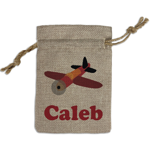 Custom Airplane Small Burlap Gift Bag - Front