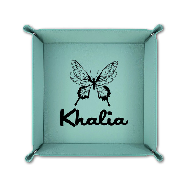 Butterflies 6" x 6" Teal Leatherette Snap Up Tray - FOLDED UP