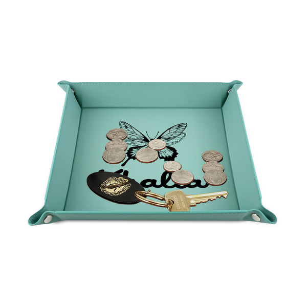 Butterflies 6" x 6" Teal Leatherette Snap Up Tray - STYLED