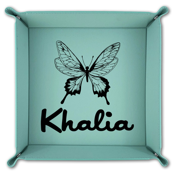 Butterflies 9" x 9" Teal Leatherette Snap Up Tray - FOLDED
