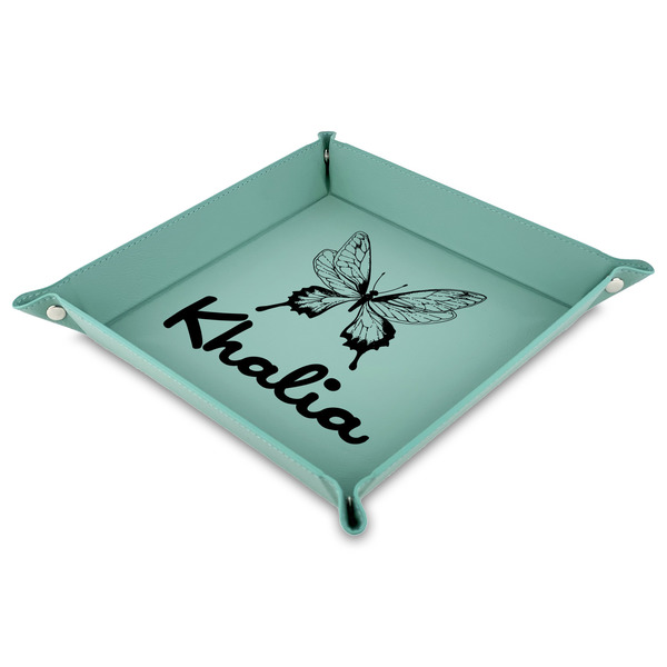 Custom Butterflies 9" x 9" Teal Faux Leather Valet Tray (Personalized)