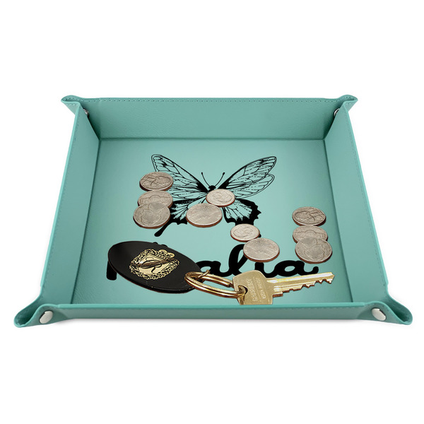 Butterflies 9" x 9" Teal Leatherette Snap Up Tray - STYLED
