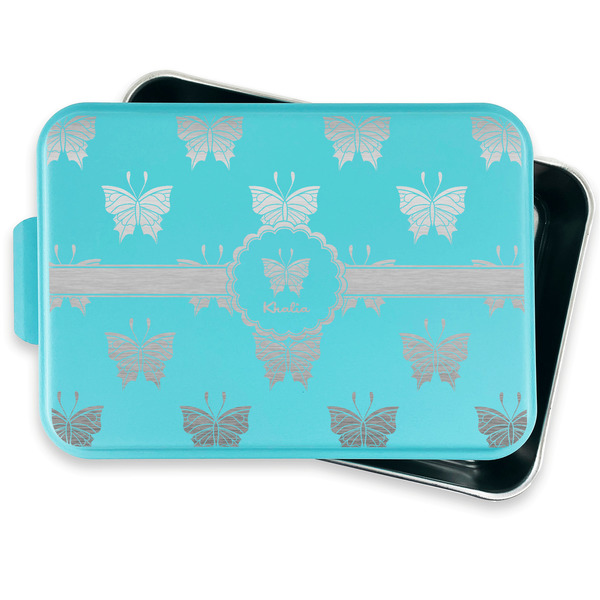 Butterflies Aluminum Baking Pan - Teal Lid - FRONT w/ lid off