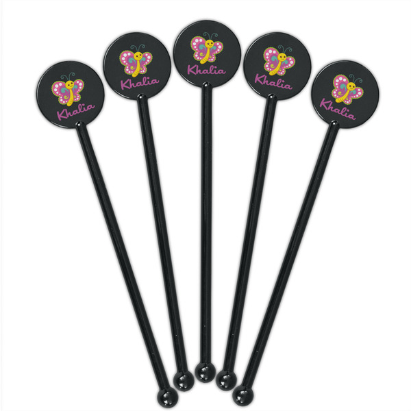 Butterflies Black Plastic 5.5" Stir Stick - Round - Fan View