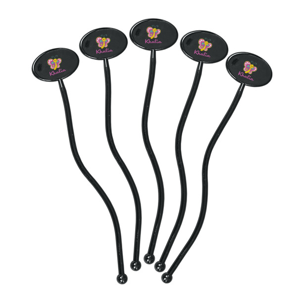 Butterflies Black Plastic 7" Stir Stick - Oval - Fan