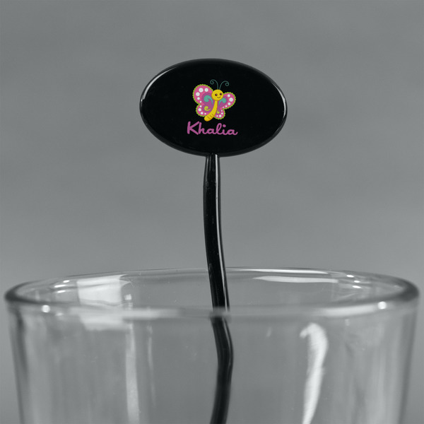 Butterflies Black Plastic 7" Stir Stick - Oval - Main