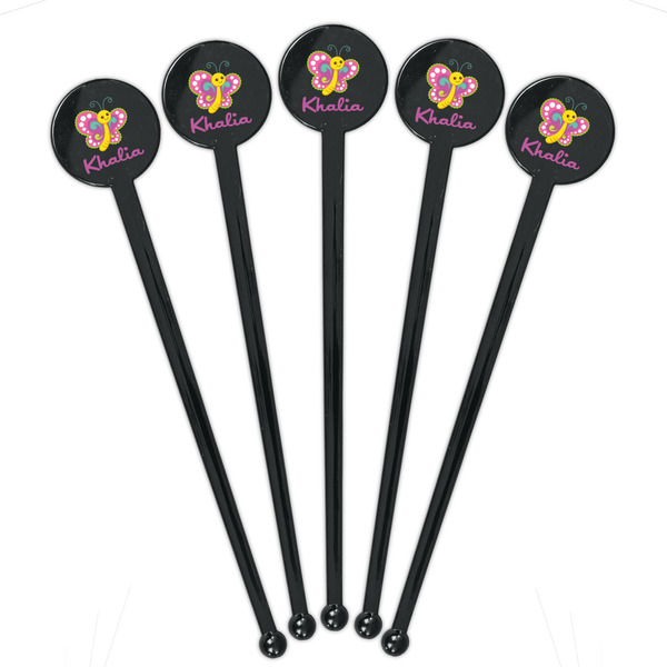 Butterflies Black Plastic 7" Stir Stick - Round - Fan View