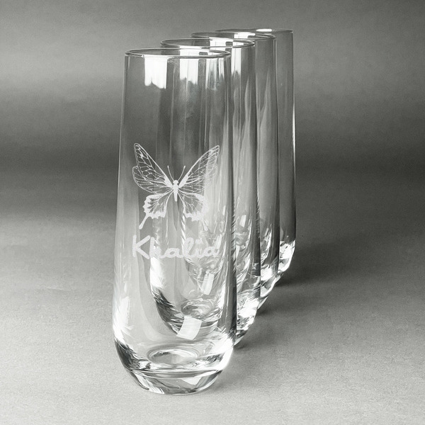 Custom Butterflies Champagne Flute - Stemless Engraved - Set of 4 (Personalized)