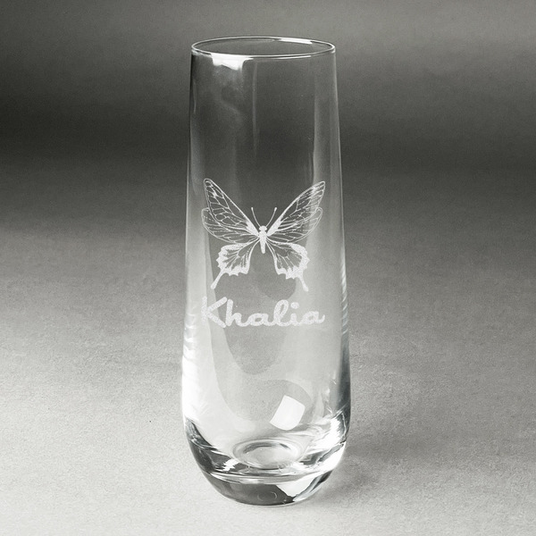 Custom Butterflies Champagne Flute - Stemless Engraved - Single (Personalized)