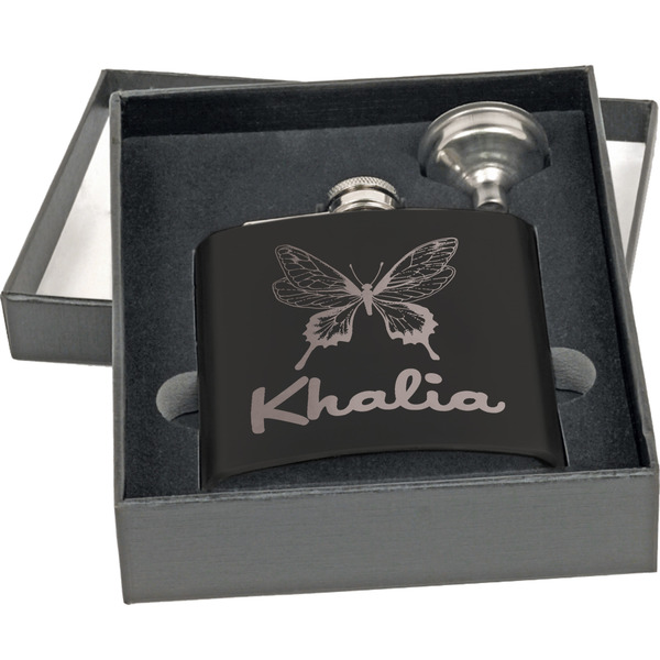 Butterflies Engraved Black Flask Gift Set