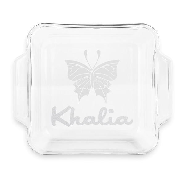 Custom Butterflies Glass Cake Dish with Truefit Lid - 8in x 8in (Personalized)