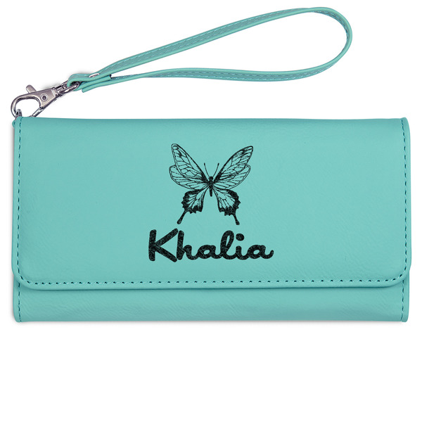 Butterflies Ladies Wallet - Leather - Teal - Front View