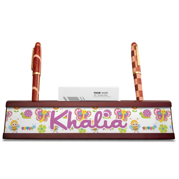 Butterflies Red Mahogany Nameplates with Business Card Holder - Straight