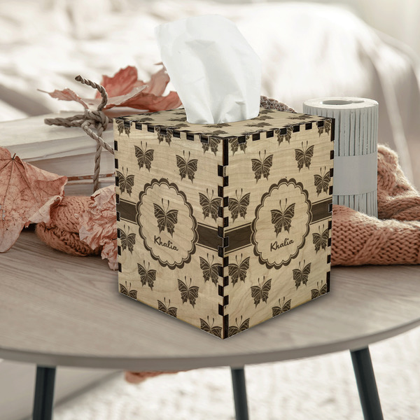 Butterflies Square Tissue Box Covers - Wood - In Context