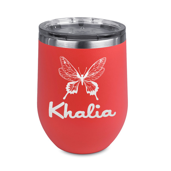 Custom Butterflies Stemless Stainless Steel Wine Tumbler - Coral - Single Sided (Personalized)