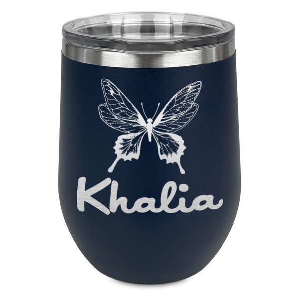 Custom Butterflies Stemless Stainless Steel Wine Tumbler - Navy - Double Sided (Personalized)