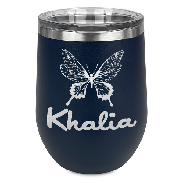 Custom Butterflies Stemless Stainless Steel Wine Tumbler - Navy - Single Sided (Personalized)