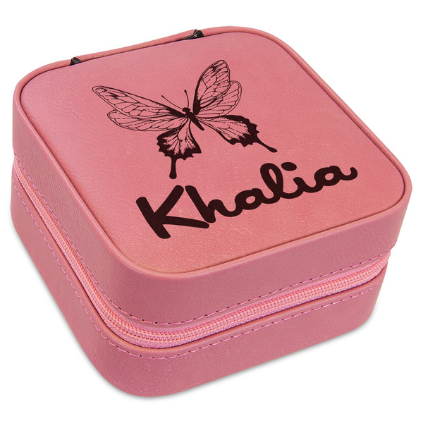 Custom Butterflies Travel Jewelry Boxes - Pink Leather (Personalized)