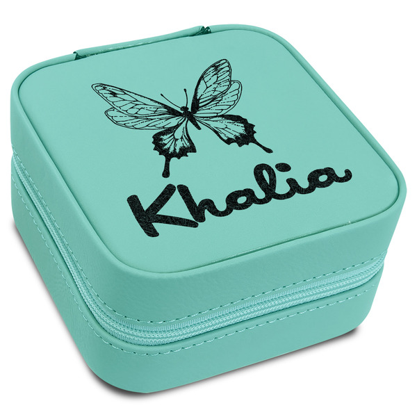 Custom Butterflies Travel Jewelry Box - Teal Leather (Personalized)
