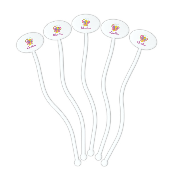 Butterflies White Plastic 7" Stir Stick - Oval - Fan