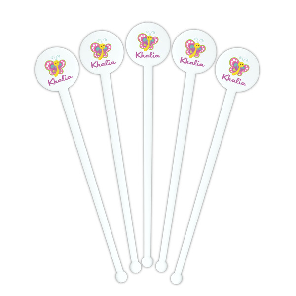 Butterflies White Plastic 7" Stir Stick - Round - Fan View