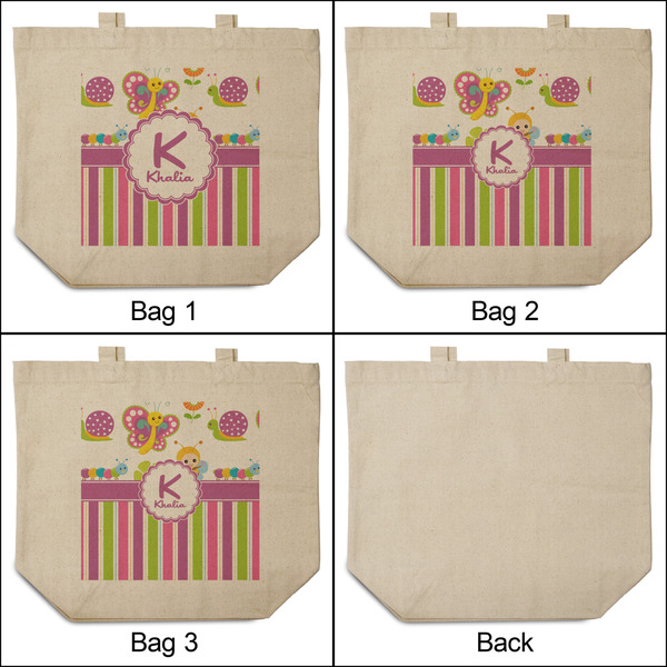 Butterflies & Stripes 3 Reusable Cotton Grocery Bags - Front & Back View