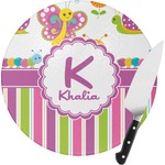 Butterflies & Stripes Round Glass Cutting Board - Small (Personalized)