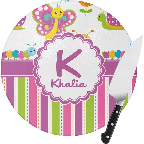 Custom Butterflies & Stripes Round Glass Cutting Board - Small (Personalized)