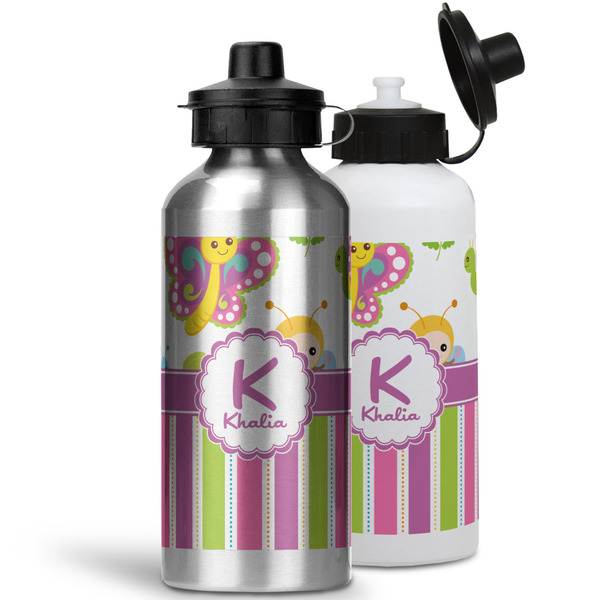 Butterflies & Stripes Aluminum Water Bottles - MAIN (white &silver)