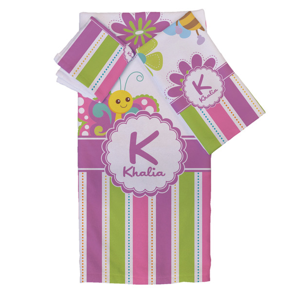 Custom Butterflies & Stripes Bath Towel Set - 3 Pcs (Personalized)