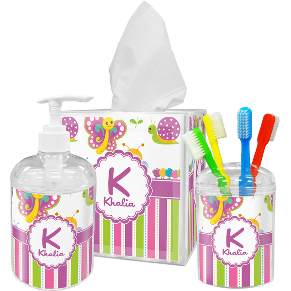 Custom Butterflies & Stripes Acrylic Bathroom Accessories Set w/ Name and Initial