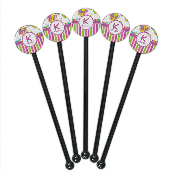 Butterflies & Stripes Black Plastic 5.5" Stir Stick - Round - Fan View