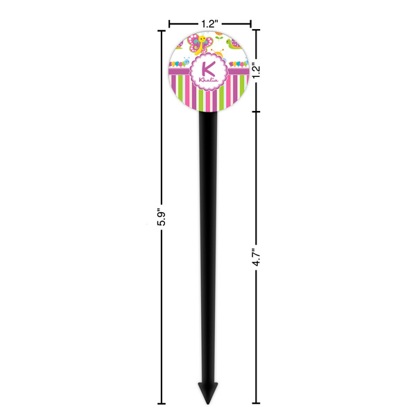 Butterflies & Stripes Black Plastic 6" Food Pick - Round - Dimensions