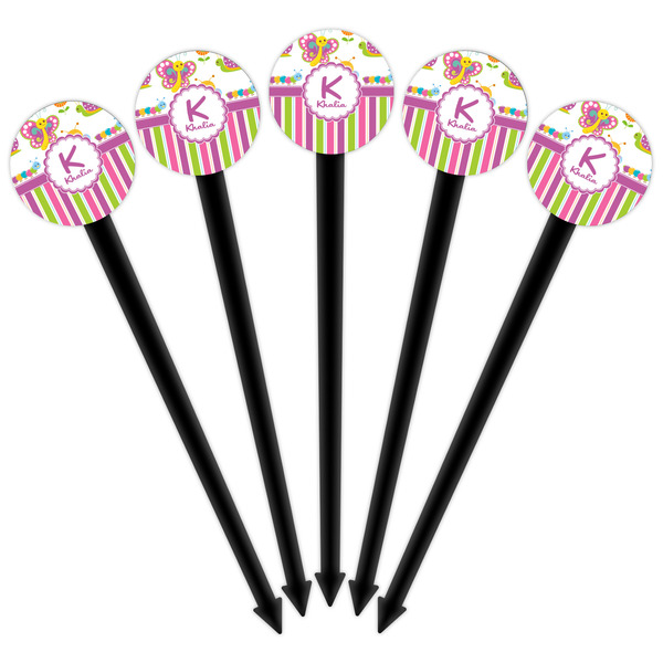 Butterflies & Stripes Black Plastic 6" Food Pick - Round - Fan View