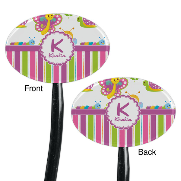 Butterflies & Stripes Black Plastic 7" Stir Stick - Double Sided - Oval - Front & Back