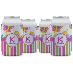 Butterflies & Stripes Can Cooler (12 oz) - Set of 4 w/ Name and Initial