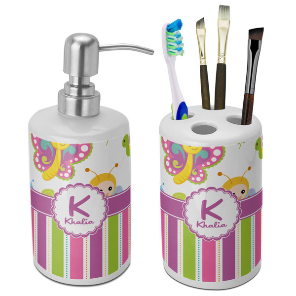Custom Butterflies & Stripes Ceramic Bathroom Accessories Set (Personalized)