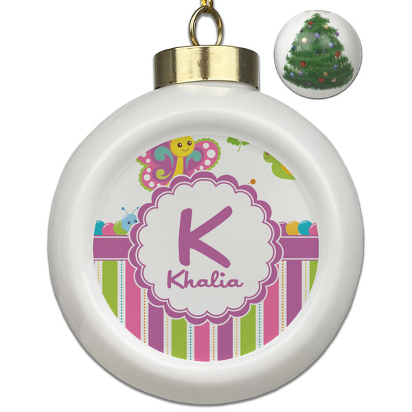 Custom Butterflies & Stripes Ceramic Ball Ornament - Christmas Tree (Personalized)